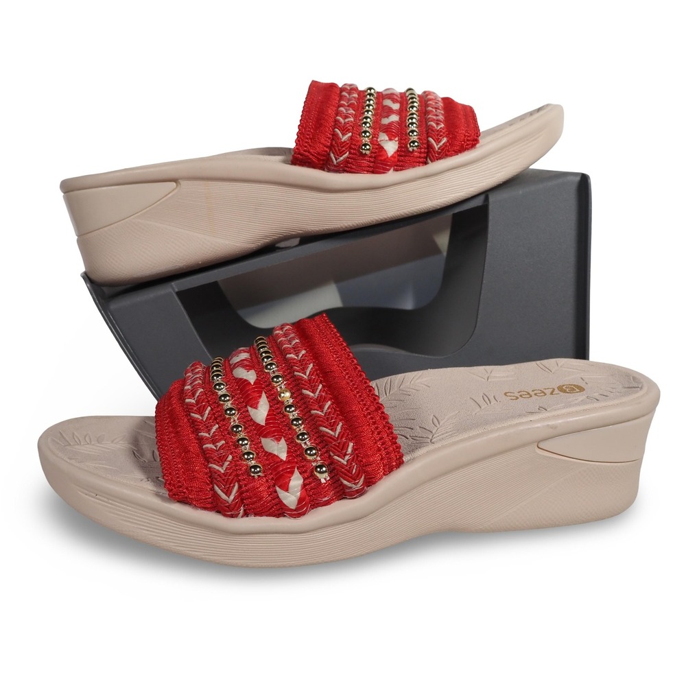BZEES Sunshine Classic Wedge Sandals Womens 8M Red Tan Slide Beaded Stretch